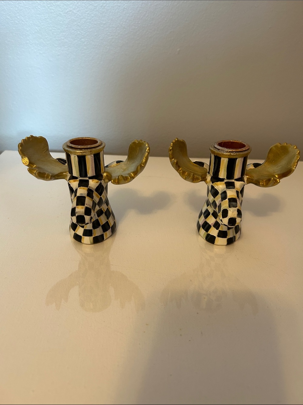 MacKenzie-Childs Black & White Check Moose Candle Holders with Gold Antlers